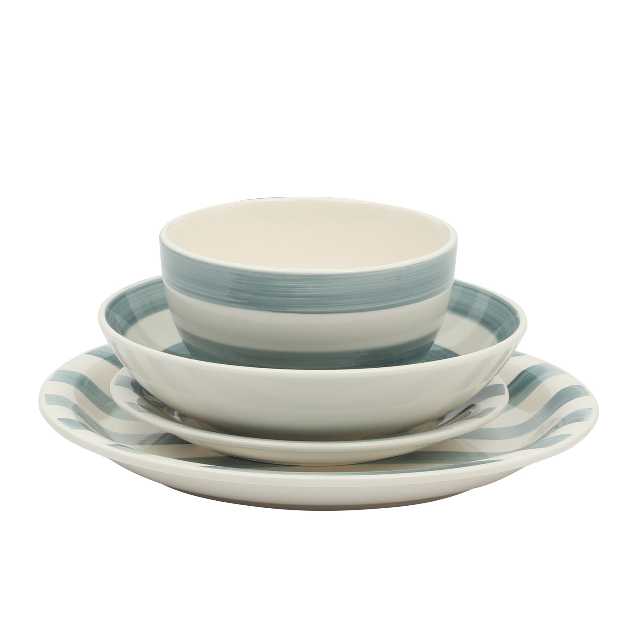 Gibson Home Kenwood Shores 16 Piece Stoneware Dinnerware Set, Hand-Painted Plates and Bowls, Service for 4 - Blue Striped