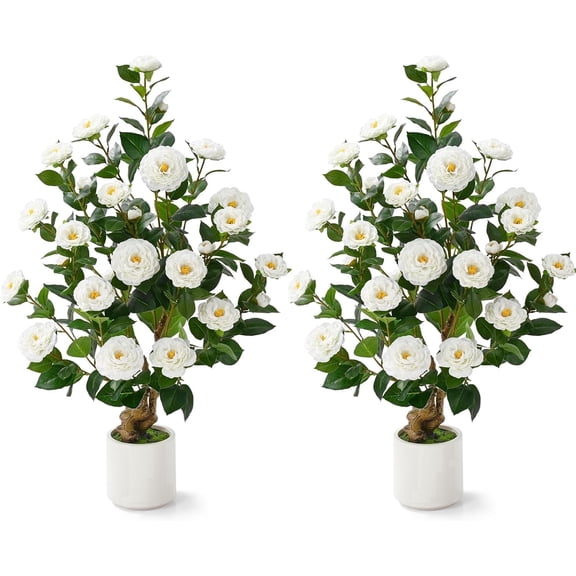 Lyacmy 3FT 2 Pack White Camellia Artificial Tree in Pot, Artificial Plants Indoor Outdoor for Home Decor
