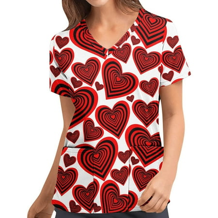 

LWZWM Women s Medical Nursing V Neck Scrub Top Short Sleeve Tops Valentines Day Tee Pocket Scrubs Heart Shirt Love T Shirt Red L