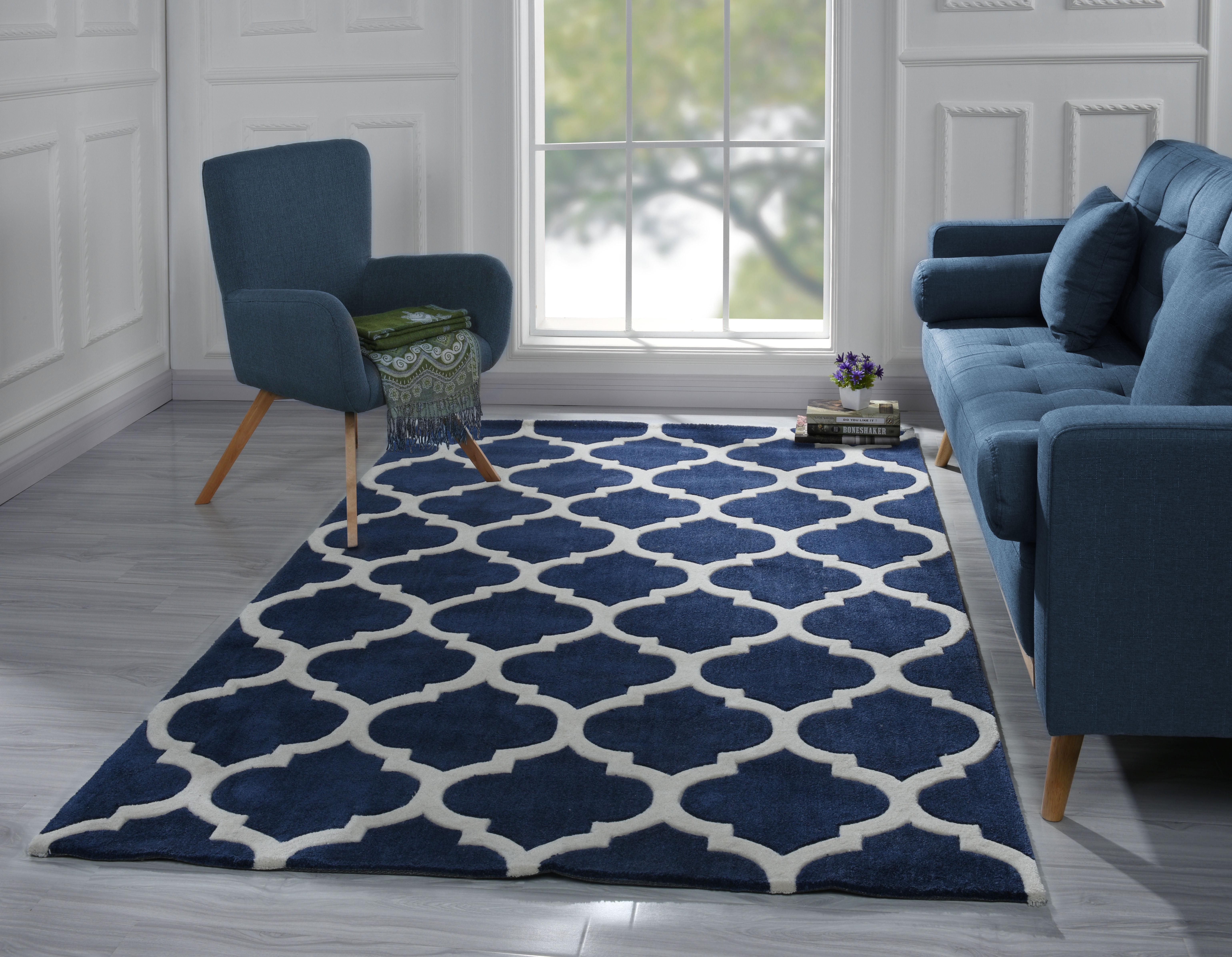 Modern Carpet With Geometric Shape, Navy Moroccan Trellis Rug