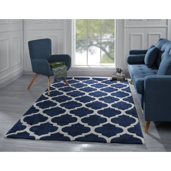 Modern Carpet with Geometric Shape Design, Moroccan Trellis Pattern Area Rug (5' x 7', Navy)