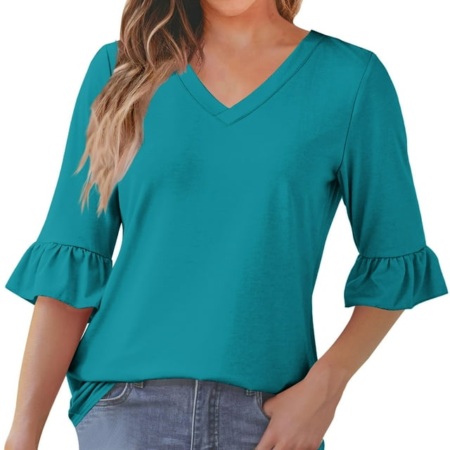 Chbgutlmr 3/4 Length Sleeve Tops for Women Solid Color Ruffle V Neck Loose Comfy Casual Work Blouses