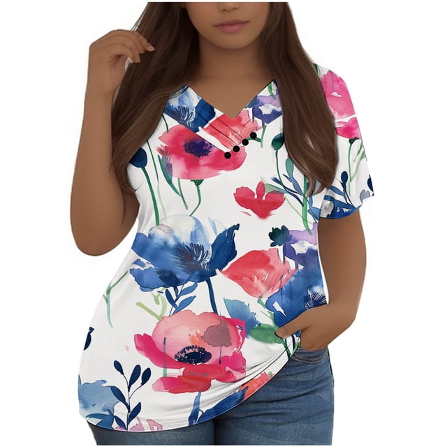 Mujeres Tops Casual Manga Corta V-Cuello Botón Decoración Plisado Blusa para Más Tamaño L-5xl