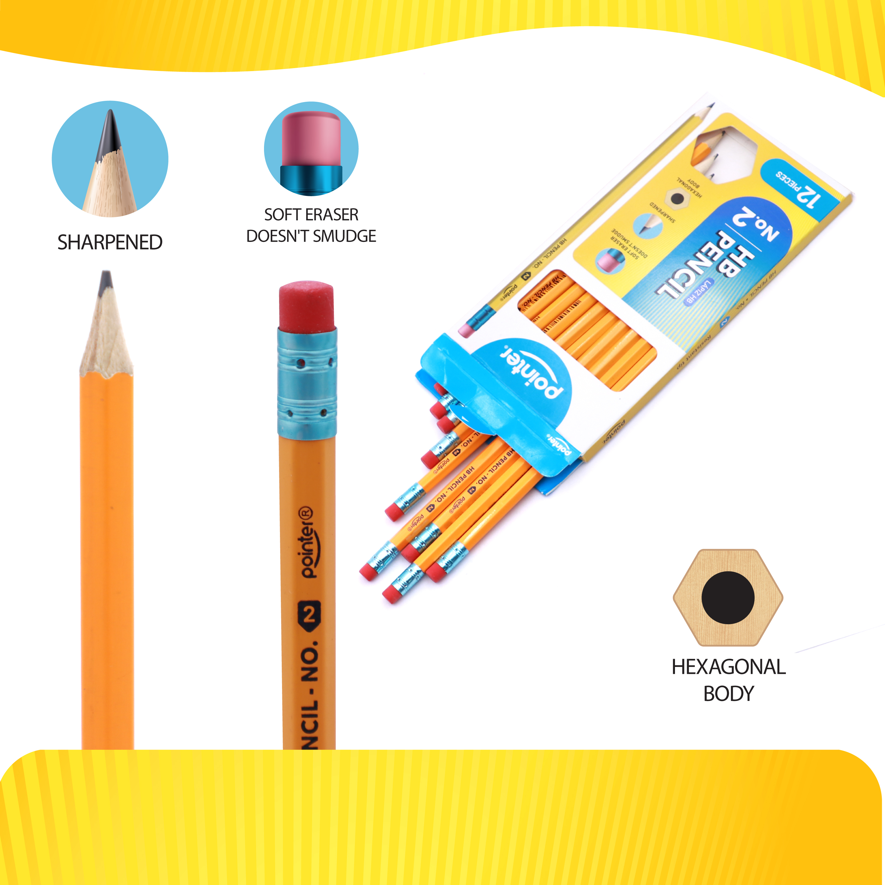 Pointer #2 HB Wooden Pencils, Yellow, 12 Pencils per Pack, 12 Packs (144 Total Pencils)