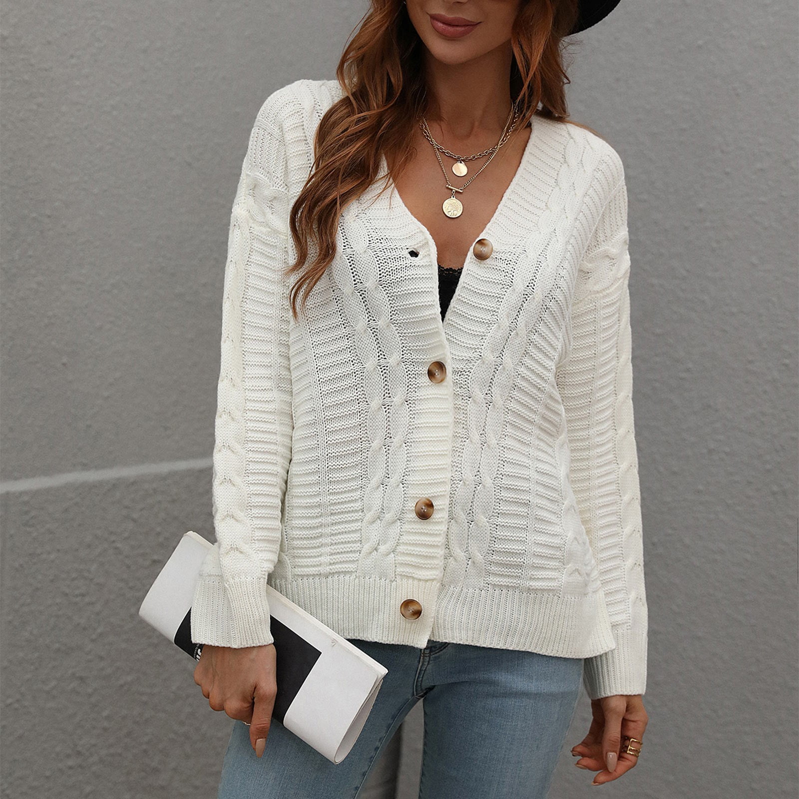 Women's Fall Clothes, Sweaters Green For Women Cozy Sweater Women's Autumn  And Winter Button Solid Color Knitted Cardigan Long Sleeve Sweater Knit  Cardigan Sweater Sweatshirt V (S, White) TBKOMH - Walmart.com