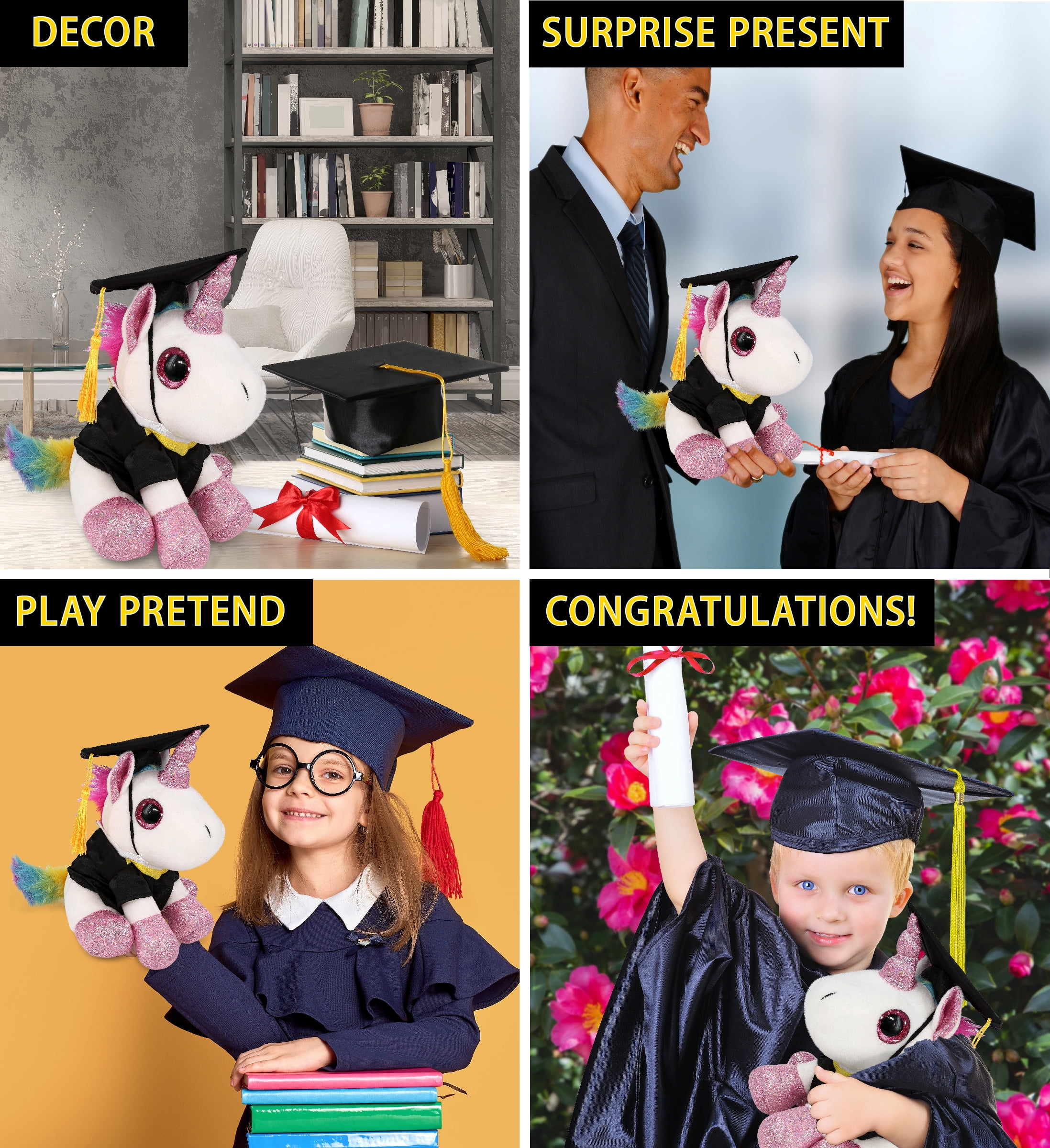 DolliBu Sparkle Eyes White Unicorn Graduation Plush Toy - Super Soft Graduation Stuffed Animal Dress Up Gown and Cap with Tassel - Cute Congratulatory Graduation Gift - 8 Inches