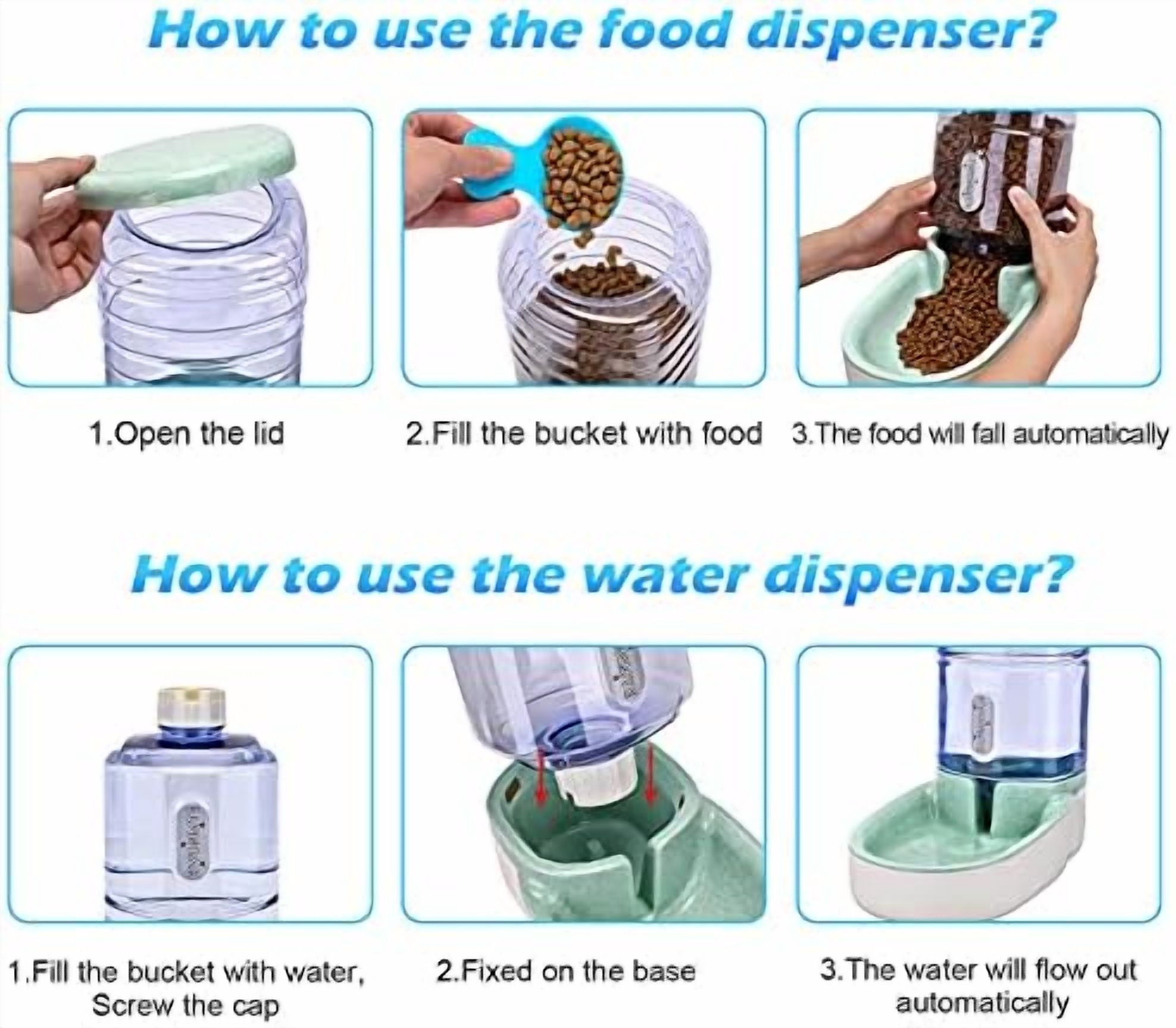 Automatic Dog Cat Feeder and Water Dispenser Gravity Food Feeder and Waterer Set with Pet Food Bowl for Small Medium Dog Puppy Kitten, Large Capacity 1 Gallon x 2