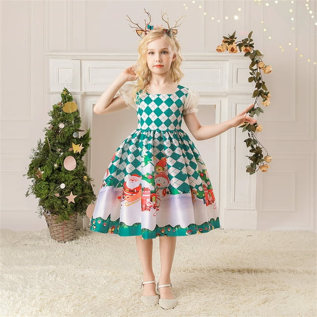 HAWEE Robe Longue de Princesse pour Fête de Noël pour Filles, Mignonne, Dessin Animé, Père Noël, Flocon de Neige, Robes
