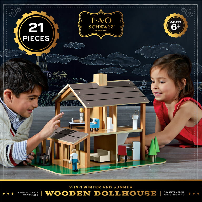 FAO Schwarz 21-Piece Wooden Dollhouse, Best Toy for Girls and Boys,  Includes Furniture and Accessories, Flip the Roof to go from Summer to  Winter 