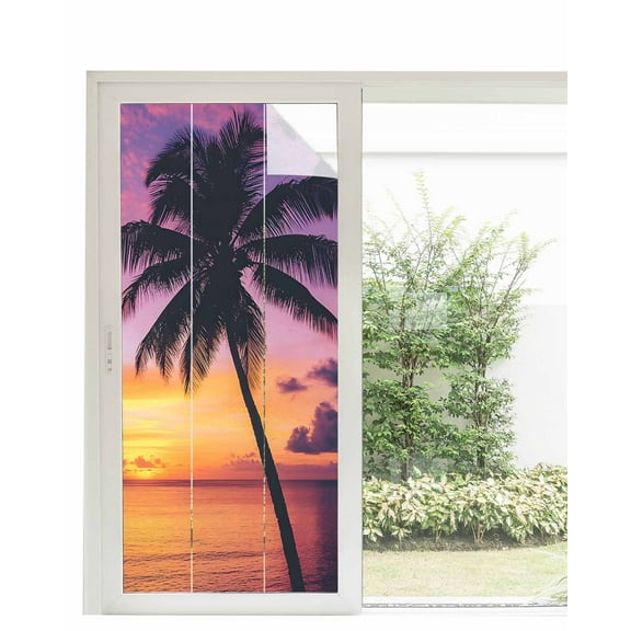Window Privacy Film Summer Sunset Stained Glass Window Film Decorative Sun Block Window Cover Ocean Seaside Sky Cloud Scenery Palm Tree Window Clings Static Adhesive Sticker for Bathroom 35.4"x78.7"