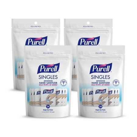 (Pack of 4) PURELL SINGLES Advanced Hand Sanitizer Gel, Fragrance-Free, 24 Count Single-Use Packets -