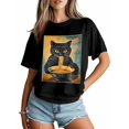 thumbnail image 3 of Women's T-Shirt Vintage Japanese Cat Funny Black Cat Eat Ramen Short Sleeve Casual Tee Classic Crew Neck T Shirt for Women Black, XL, 3 of 7