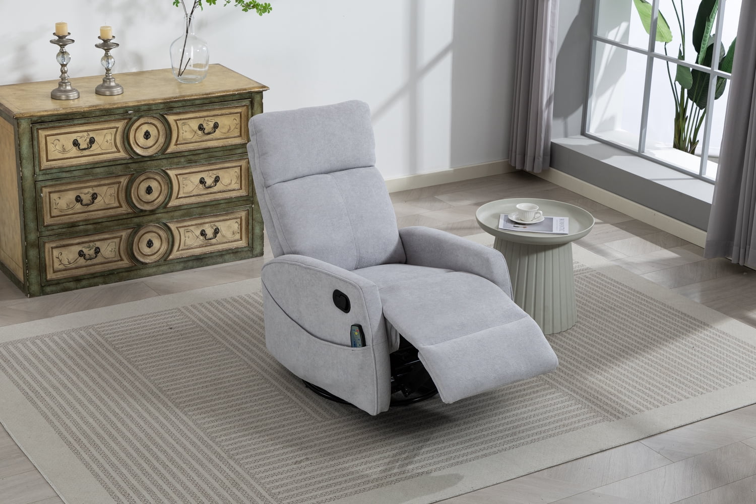 Leumius Glider Recliner Rocking Chair,360°Swivel Glider Rocking Chair,Upholstered Manual Recliner Chair for Nursery and Living Room,Grey