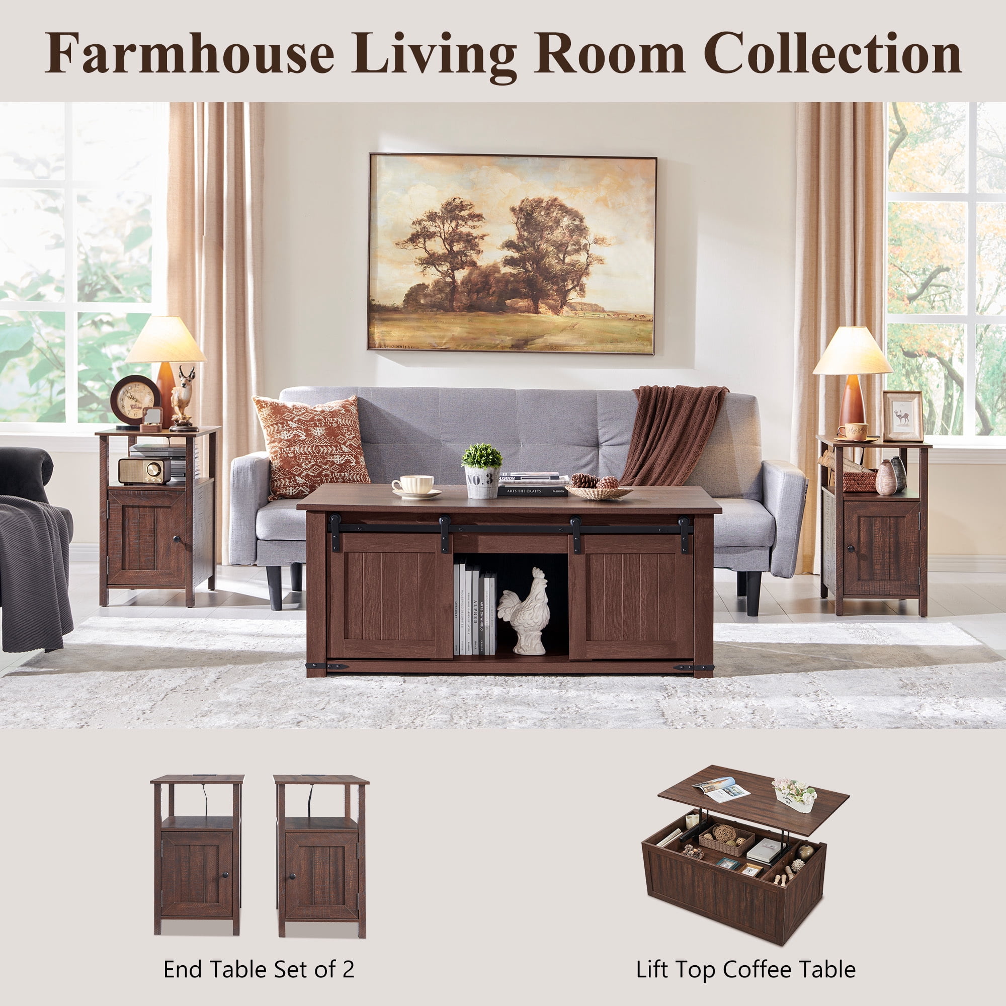SinCiDo Farmhouse Coffee Table with Storage for Living Room, Lift Top Coffee Table w/Sliding Groove Barn Door