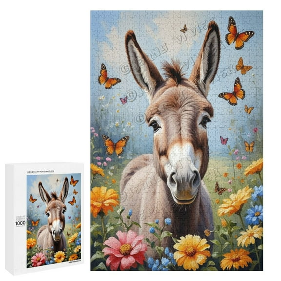 Cute Donkey 1000 Piece Jigsaw Puzzle for Adults | Woodland Animal Picture | Family Gift | Challenging Brain Teaser | Wooden