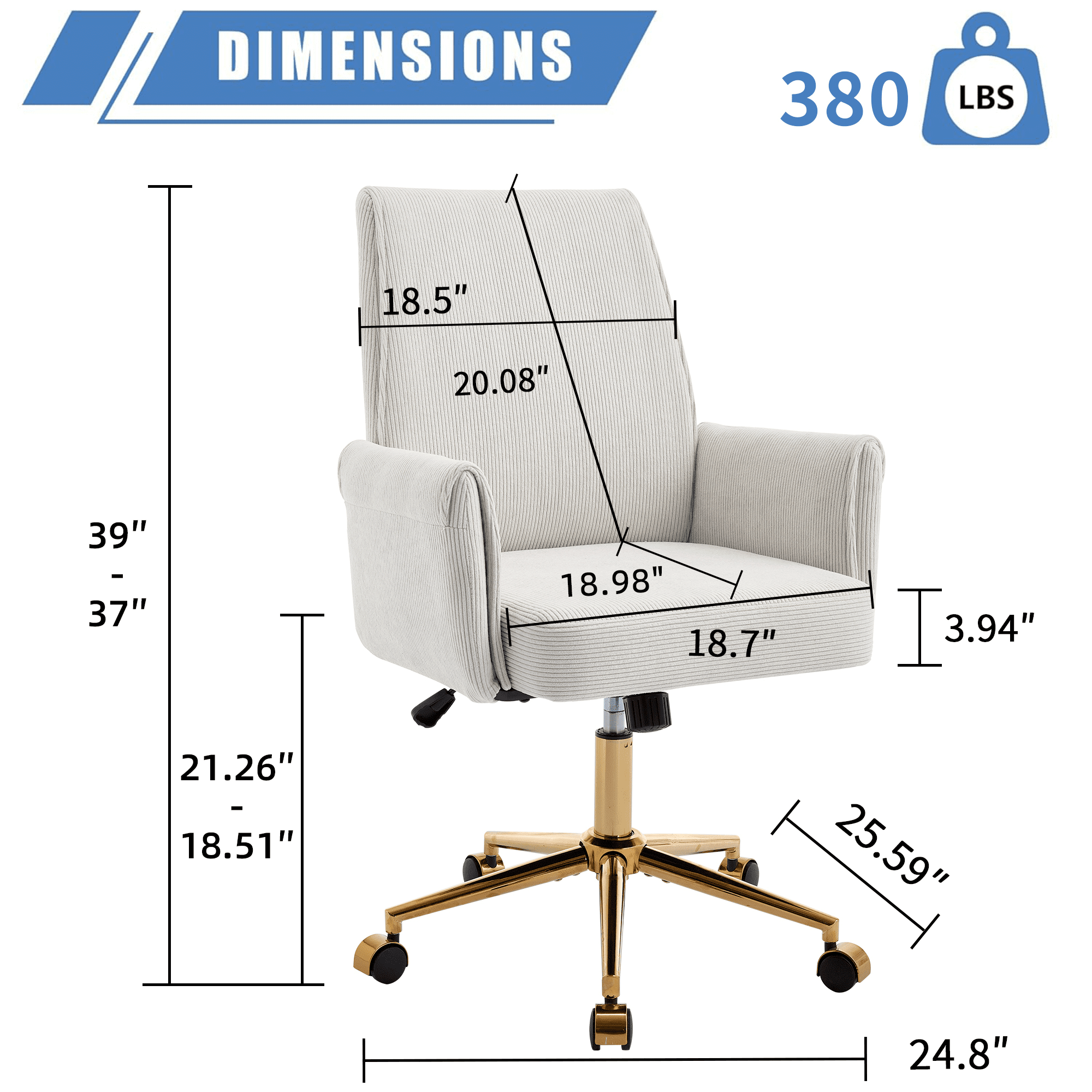 Leumius Mid-Back Liftable Office Chair with Striped Fabric and Ergonomically Designed Accent Chairs for Office Bedroom Dressing Table White