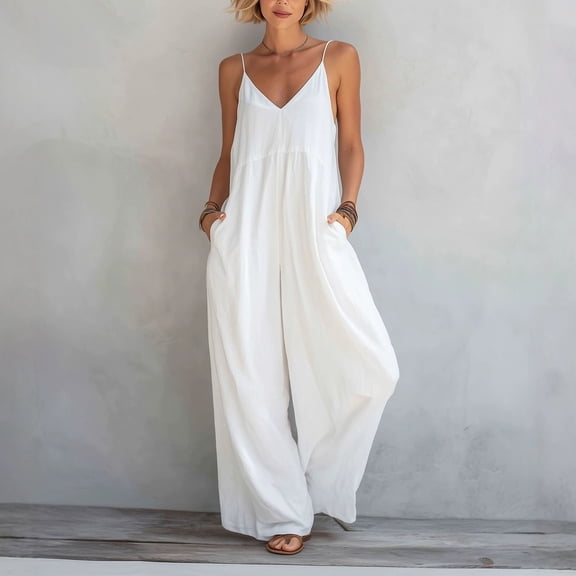 Asgosdo Rompers for Women V Neck Sleeveless Spaghetti Strap Wide Straight Leg Baggy Cozy Jumpsuits with Pockets