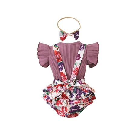 

FOCUSNORM Baby Girls 3Pcs Set Ruffle Sleeve Top Ribbed T-Shirt Summer Outfit Set with Headband