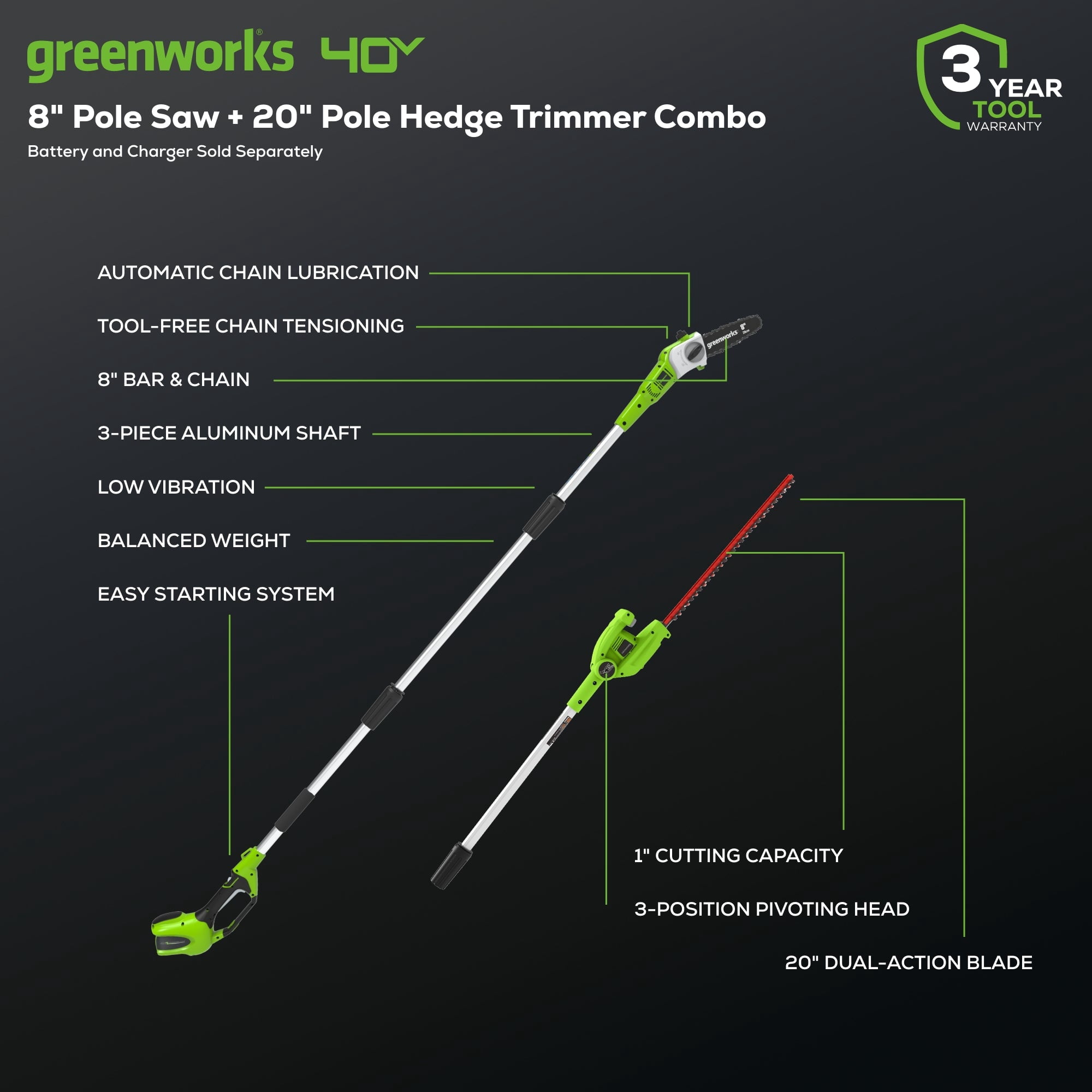 Greenworks 20" 40V Power Hedge Trimmer, Tool Only, Battery and Charger Not Included