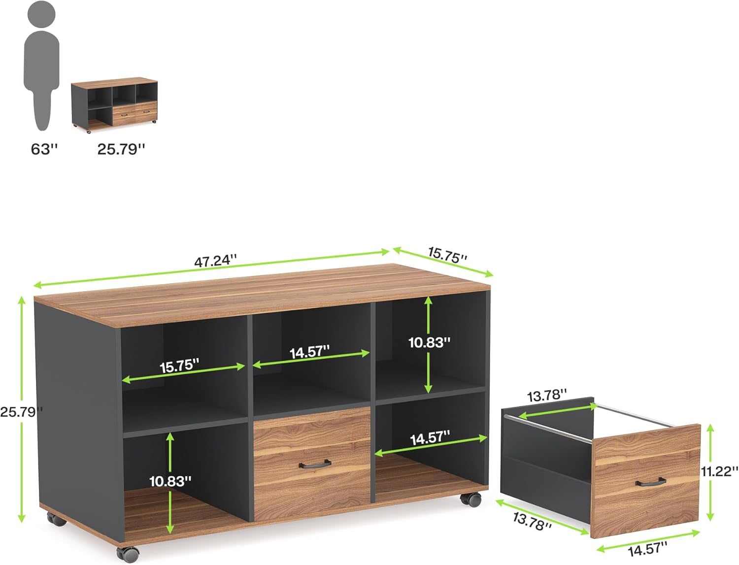 Tribesigns Mobile Lateral File Cabinets with 2 Drawers and 4 Storage Cubes (Brown and Black)