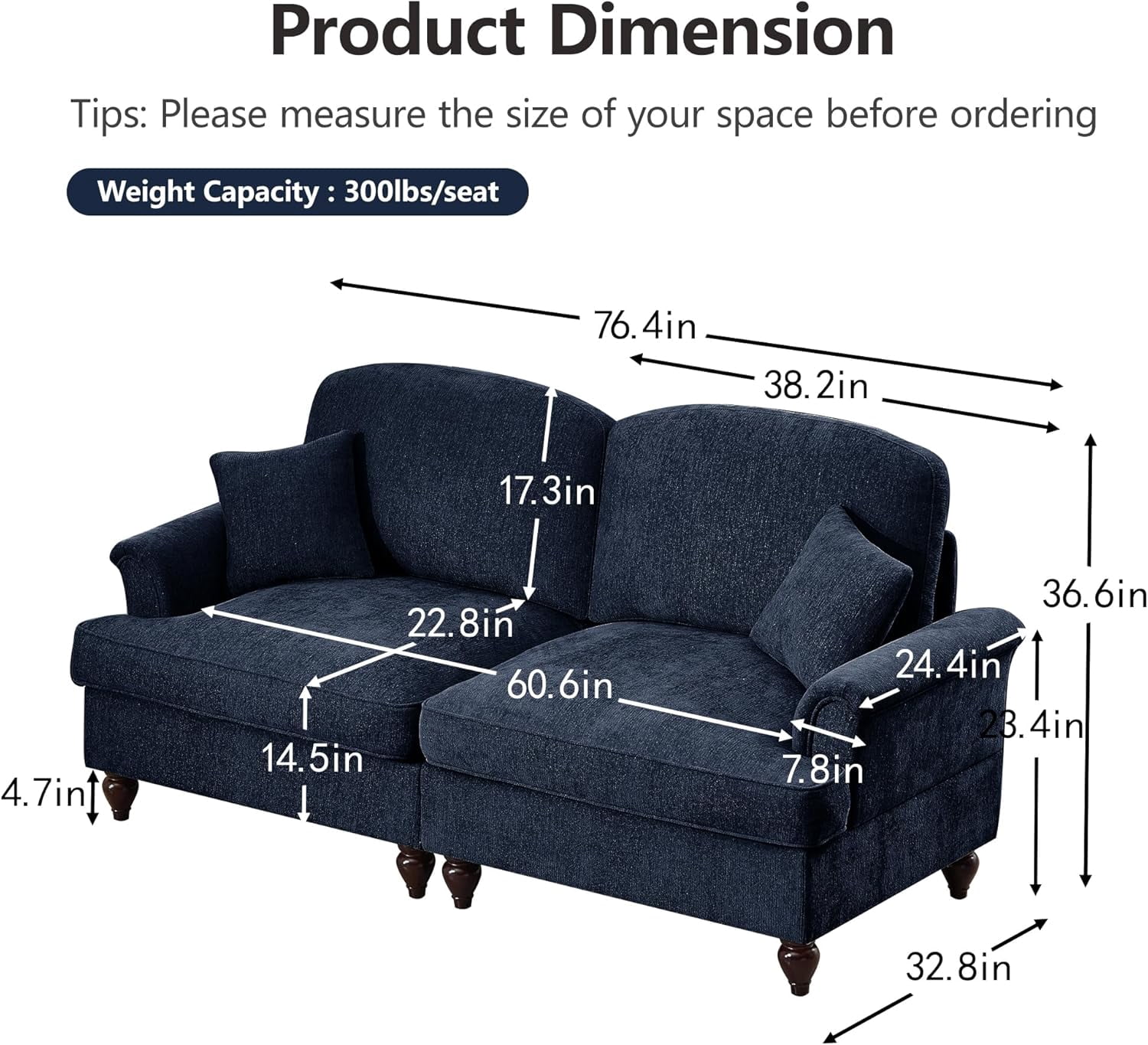 Mid Century Chenille Sectional Sofa, 2 Seat Couch Loveseat with Flared Arms, Removable Ruffles Pleats Skirts, Deep Seat Sofa for Living Room, Blue