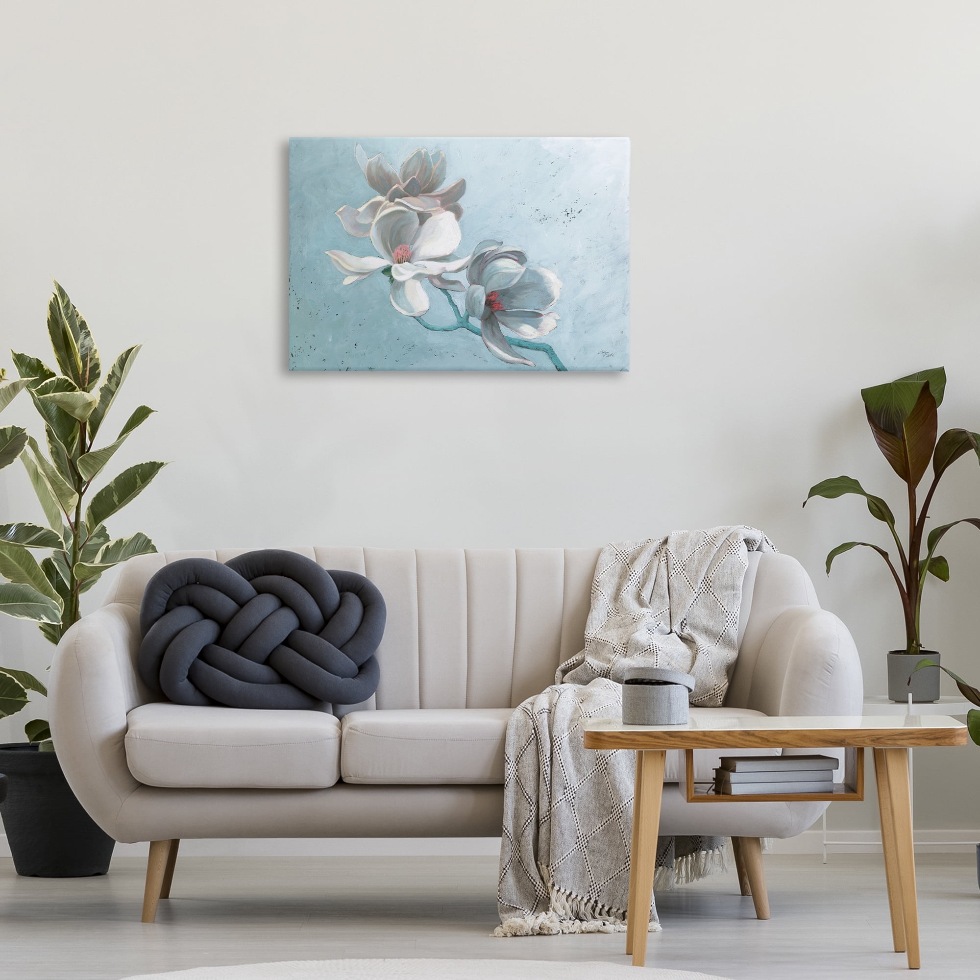 Stupell Industries Magnolia Branch on Blue Botanical & Floral Painting Gallery Wrapped Canvas Art Print Wall Art, 30 x 20