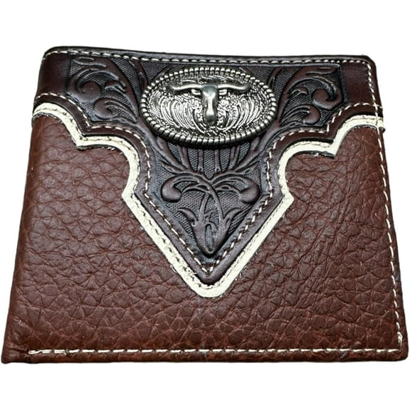 Western Stakes Mens Wallet Floral Longhorn Concho Tooled Cowboy Western Leather Wallet High End Mens Wallets Leather Bull Rider Rodeo Gifts For Men (Brown)