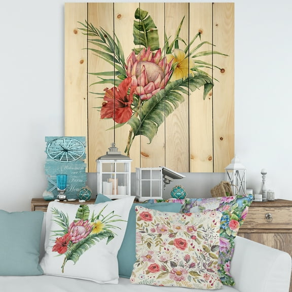 Designart 'Flowers Bouquet With Protea Plumeria Hibiscus' Traditional Print on Natural Pine Wood