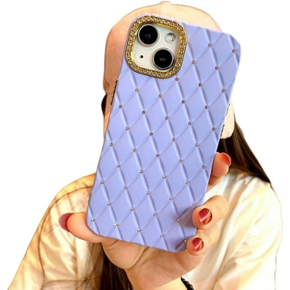 Shiny Lens Frame Diamond Grid Phone case, Anti-Drop Protection, Small Fragrance Style, Multiple Colours Available, for iPhone 15 14 13 12 11 Pro Max Phone case (Light Purple,iPhone 13 Pro Max)