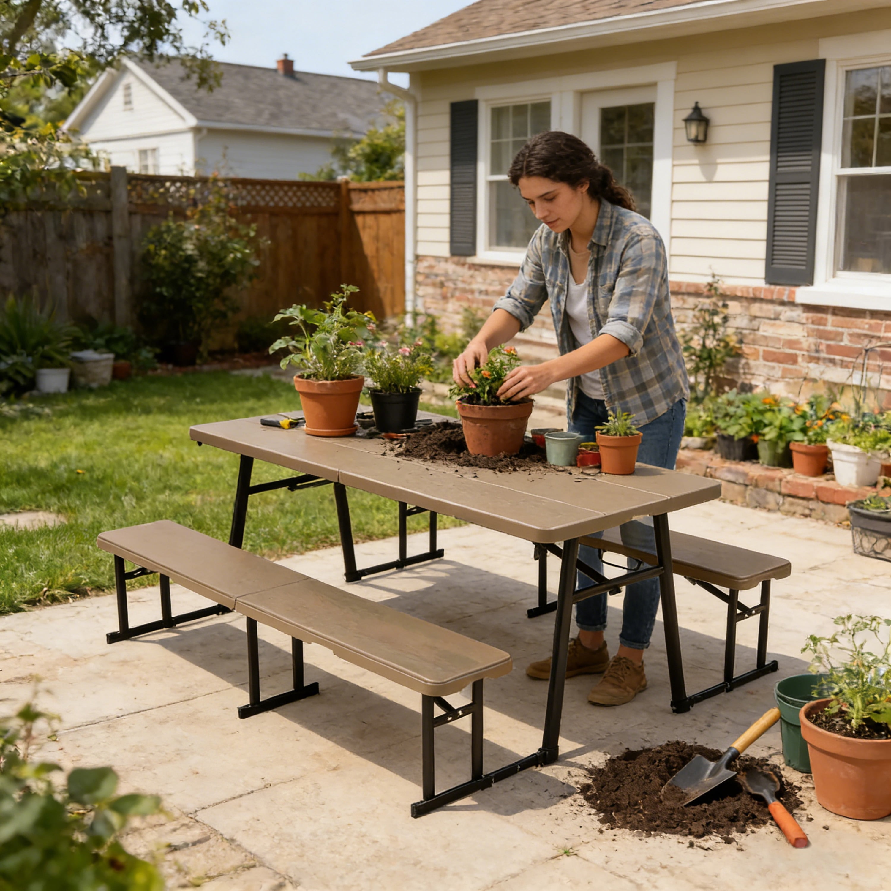 (3 pack) Living & More 3-Piece 6 ft Folding Picnic Table Set with 2 Benches, Polyethylene and Steel, Indoor/Outdoor, Light Brown and Dark Brown