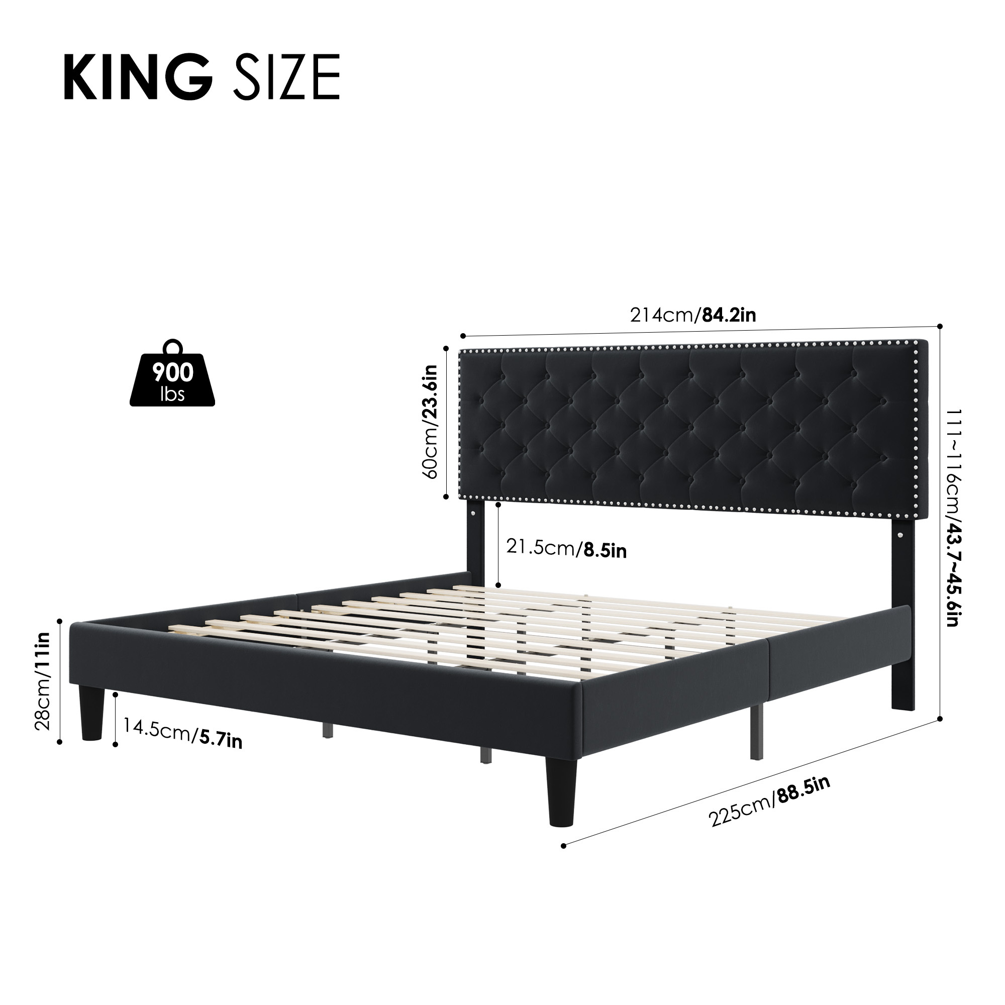 Homfa King Size Bed, Modern Upholstered Platform Bed Frame with Adjustable Headboard for Bedroom, Black - image 2 of 7