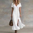 thumbnail image 3 of YuXingFu Womens Cotton Dresses with Sleeves Maxi V-Neck Plus Size Womens Dress Short Sleeve Solid Color Slim Fit Long Casual Summer White L, 3 of 6