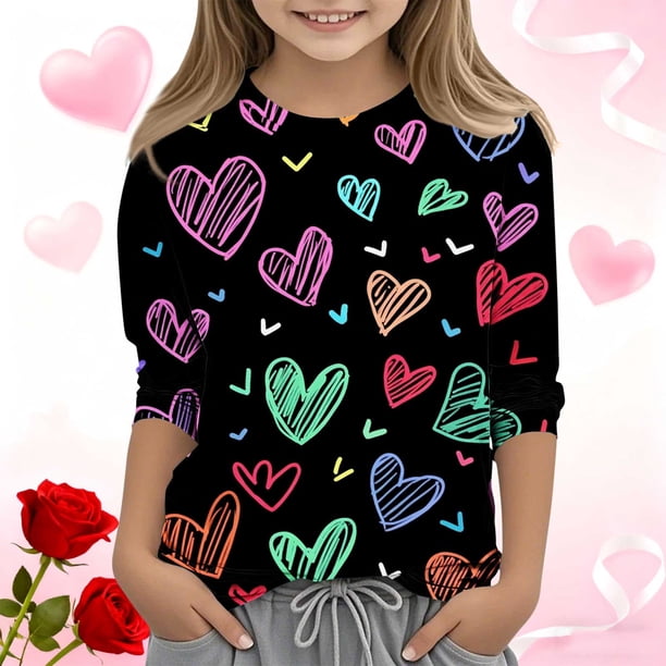 Blusas y camisas de cuello redondo y manga larga para niños, blusas/camisas de poliéster con estampado de corazones, mangas 3/4 y cuello redondo, elegantes e informales.