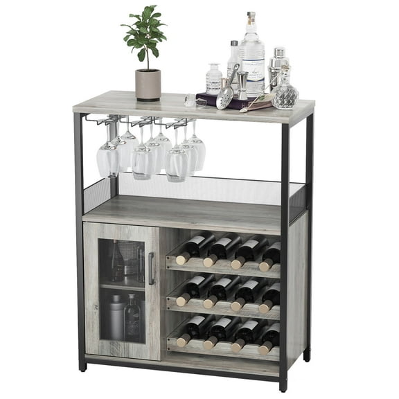Twister.CK 5 Tier Wine Bar Cabinet, Bar Cabinet with Detachable Wine Rack and Glass Holder, Storage Space for Kitchen Living Room Bar, Gray