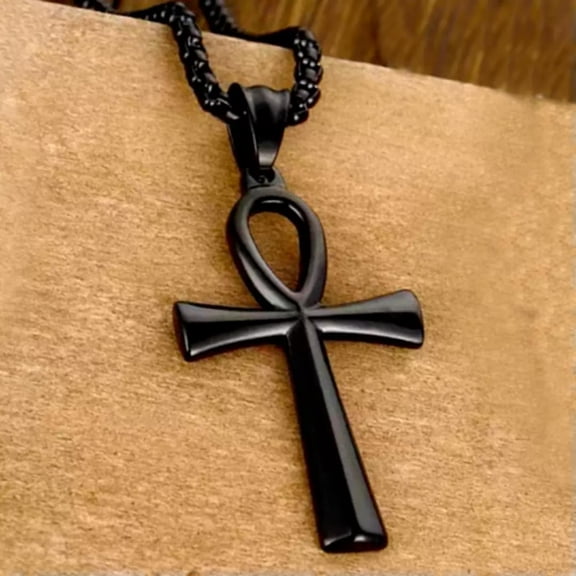 HOOUN Black Egyptian Ankh Cross Pendant Necklace Men Punk Protection Jewelry Chain 24"