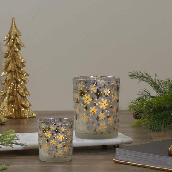 Northlight Frosted Stars and Snowflakes Glass Christmas Candle Holder - 3"  - Matte Silver and Gold