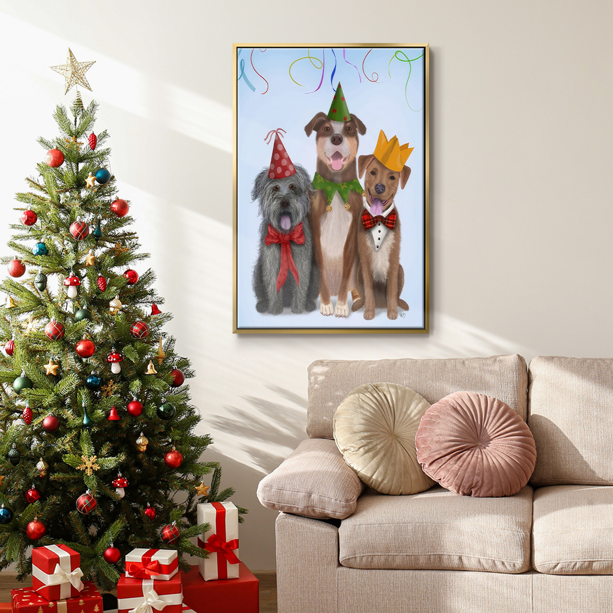 Christmas Party Mutts - Framed Gallery Wrapped Holiday Canvas - 25 x 37 - Gold Frame