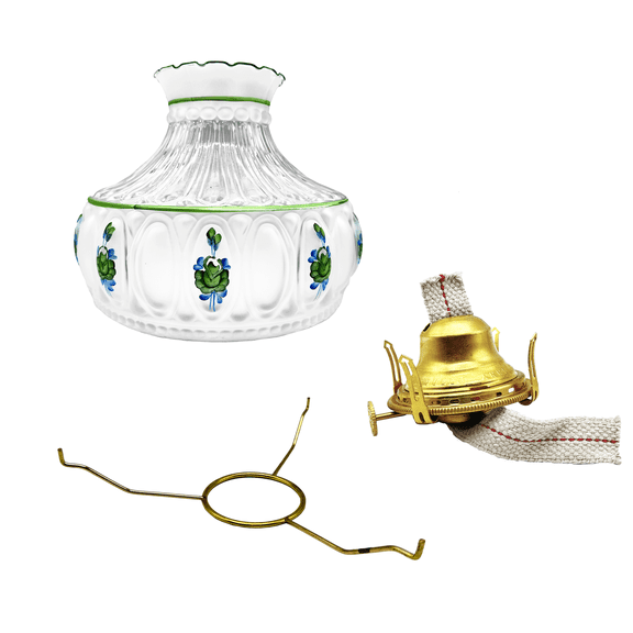 Light of Mine - Princess Feather Oil Lamp Replacement Kit Including 10" Round Tripod, 10" Green Floral Shade, and Solid Brass Queen Anne Burner
