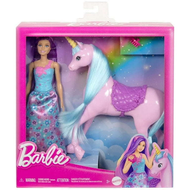 Barbie, Doll and Unicorn Toy Playset, Purple Hair, Blue Eyes