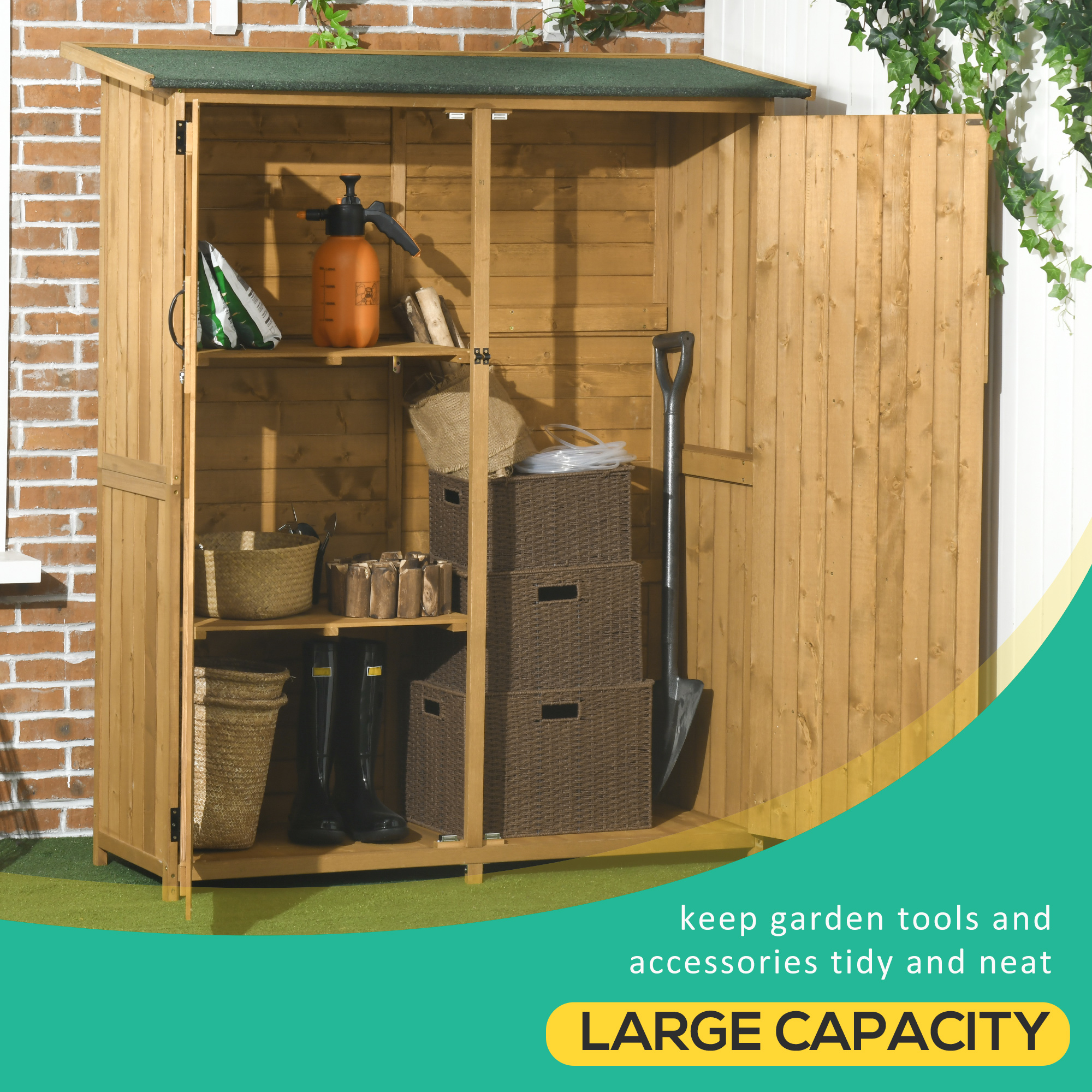 Outsunny Outdoor Storage Cabinet Wooden Garden Shed Utility Tool Organizer with Waterproof Asphalt Rood, Lockable Doors, 3 Tier Shelves for Lawn, Backyard, Natural - image 4 of 9