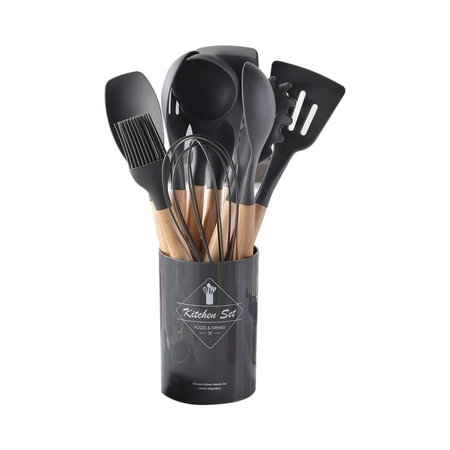 Renjiang Silicone Kitchen Utensils Set, 12 Pcs Non-Stick Cooking Utensils Set, Sturdy Insulation Wooden Handle Kitchen Accessories for Cooking with Spatula Set and Spoons Set Gadgets
