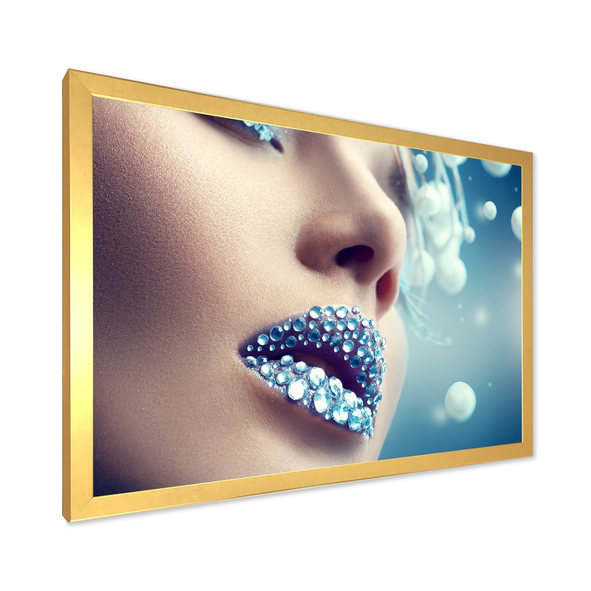 Designart 'Close-Up Of Gems On Female Lips' Modern Framed Art Print
