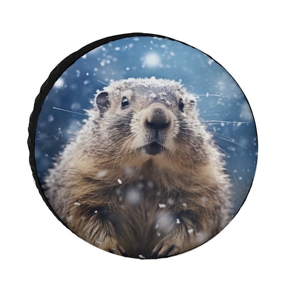 Camping Spare Tire Cover Marmot, Groundhog Animal Snowing Winter Wheel Tire Covers Waterproof Sun Protection Animals Cute Wildlife Tire Cover Universal for Trailer SUV Truck Camper Travel 12inch
