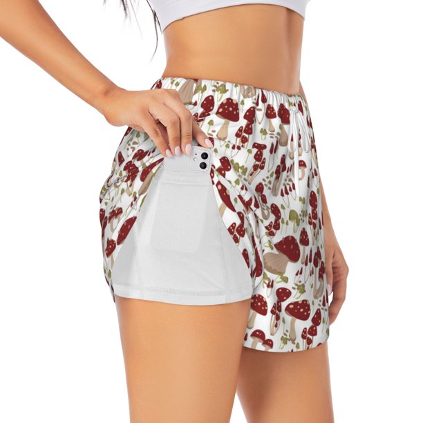 Balery Mushroom Pantalones cortos deportivos para mujer con forro y dos bolsillos, elásticos, para entrenamiento, gimnasio, yoga-X-Large