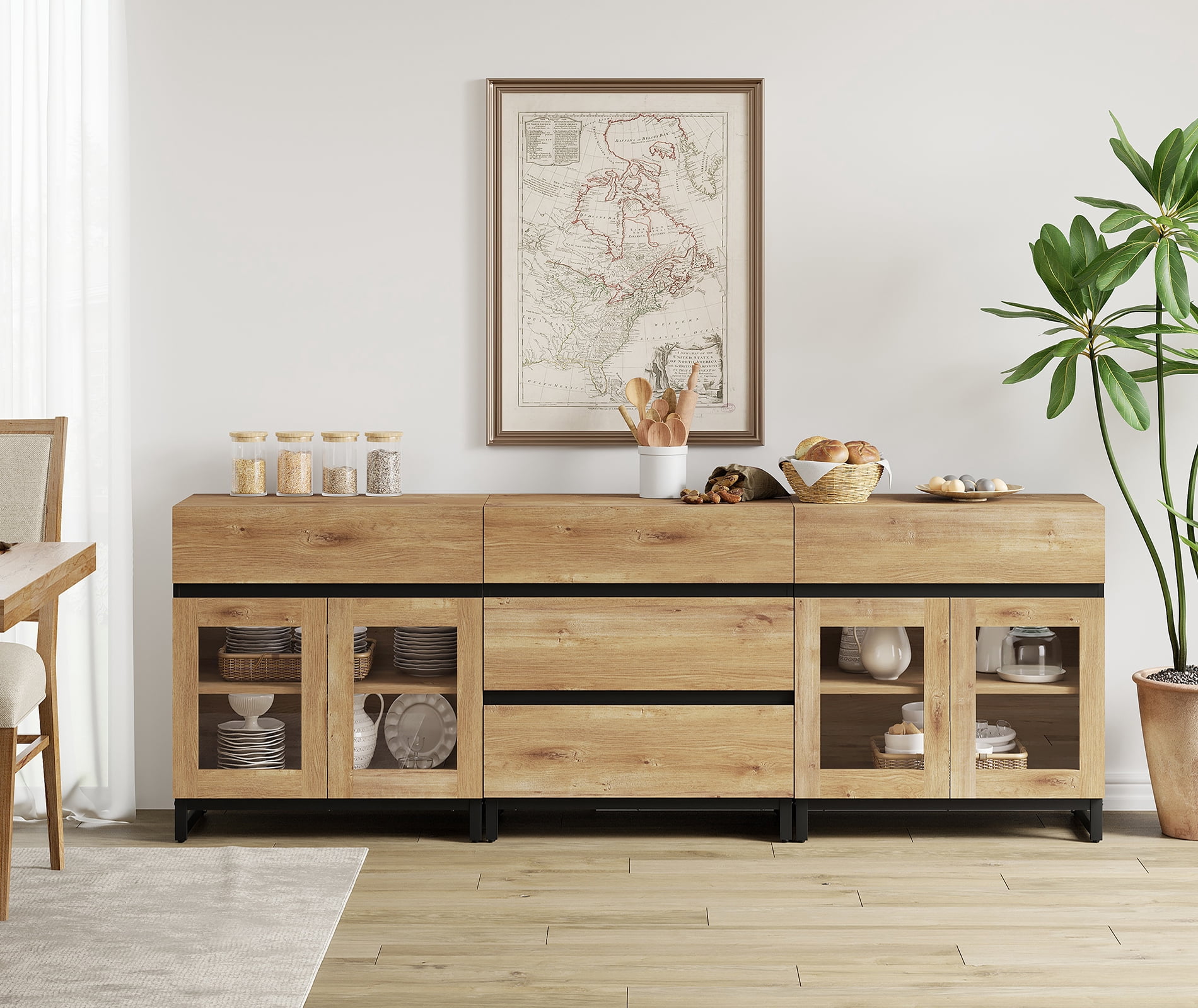 3 In 1 Sideboard Buffet Cabinets With Glass Doors And 5 Drawers, Modern Sideboard Credenza With Adjustable Shelf And Metal Base, Coffee Bar Cabinet Storage Cabinet For Living Room, Kitchen