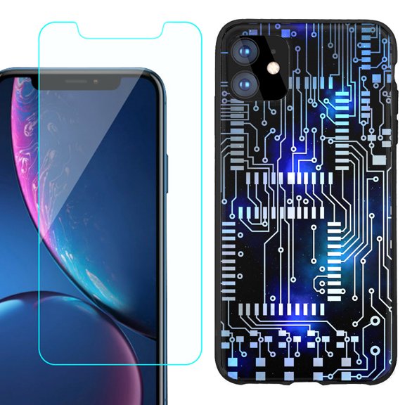 For Apple iPhone 11 Phone Case , Slim-Fit TPU Protective Case (Black), with Tempered Glass Screen Protector, by OneToughShield ® - Cosmos Circuit