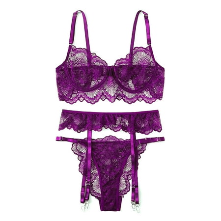 

JustVH Women s Floral Lace Backless Three-Piece Lingerie Set with Garter Belts Sexy Bra Panty and Waistband