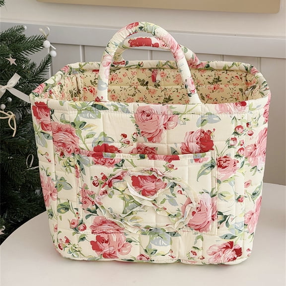 12.6'' Women's Large Capacity Quilted Car Storage Basket Tote Bag, Foldable Washable Multifunctional Diaper Organizer for Moms Daily Use