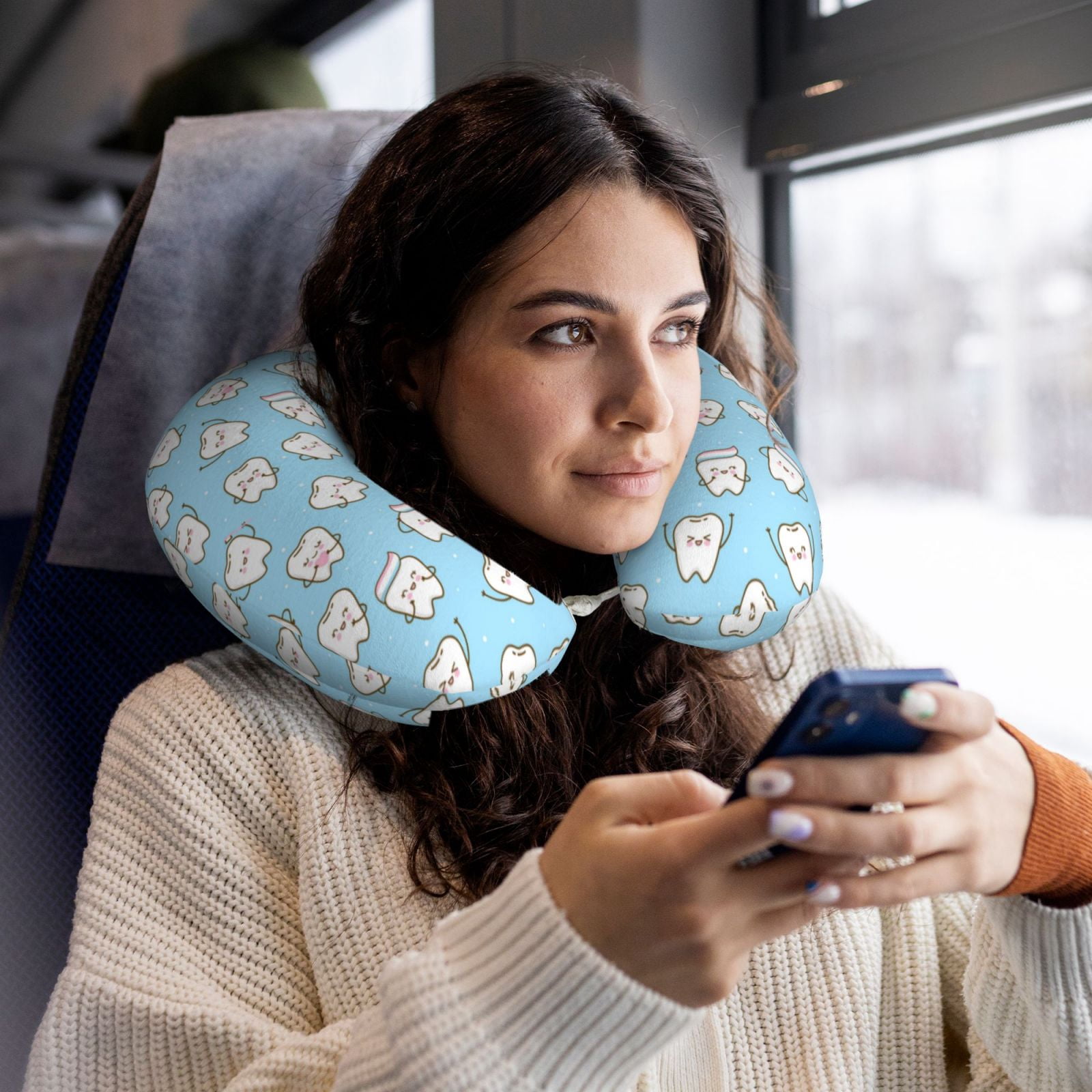 Xecao Cute Teeth Print Memory Foam Cervical Neck Pillow Versatile U-Shaped Pillows for Home,Office,Camping,Travelling,Soft Washable Cover