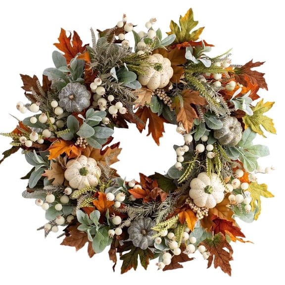 Fall Wreath for Front Door,18 Inch Autumn Wreath with Maple Leaf,Pumpkins and White Berries,Artificial Pumpkins Wreath,Thanksgiving Wreaths,Maple Leaf Wreath Decor